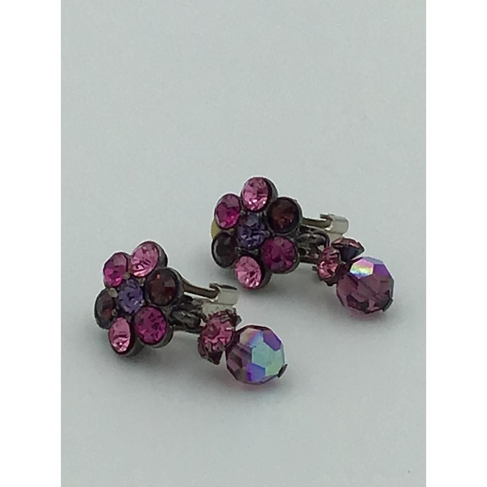 Vintage Purple‎ Rhinestone Flower Cluster Dangle Clip On Earrings MCM Statement